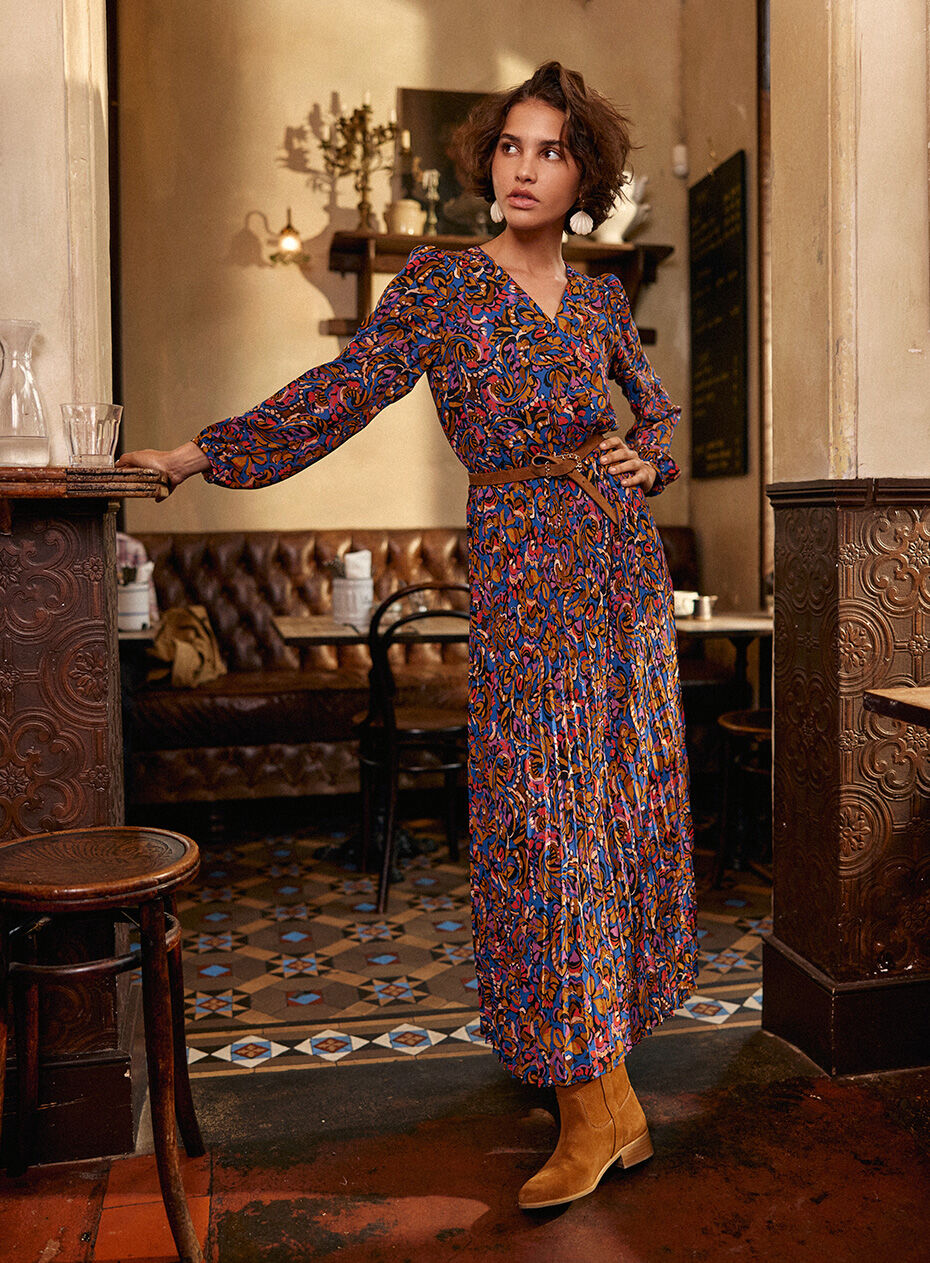 I.Code camel long dress with multicolour paisley print