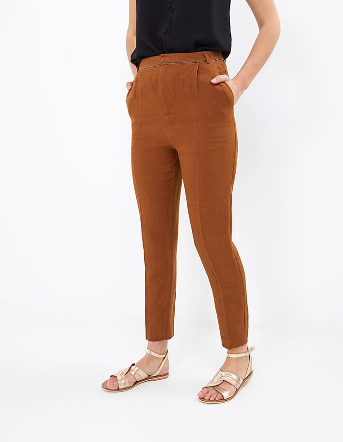 I.Code camel linen carrot trousers
