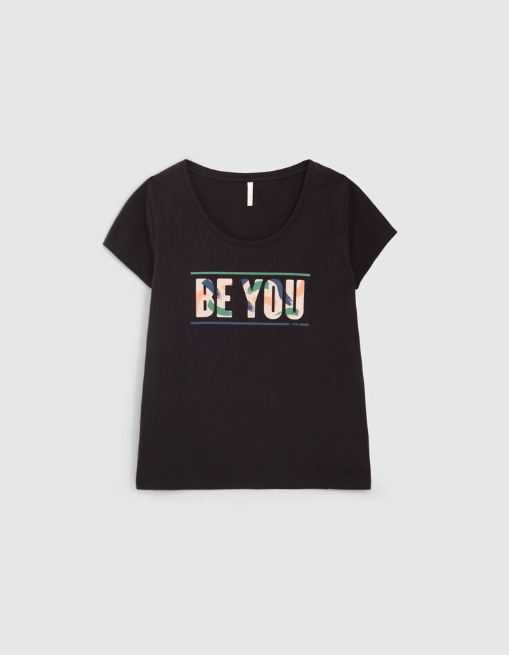 I.Code black T-shirt with printed letter slogan-4