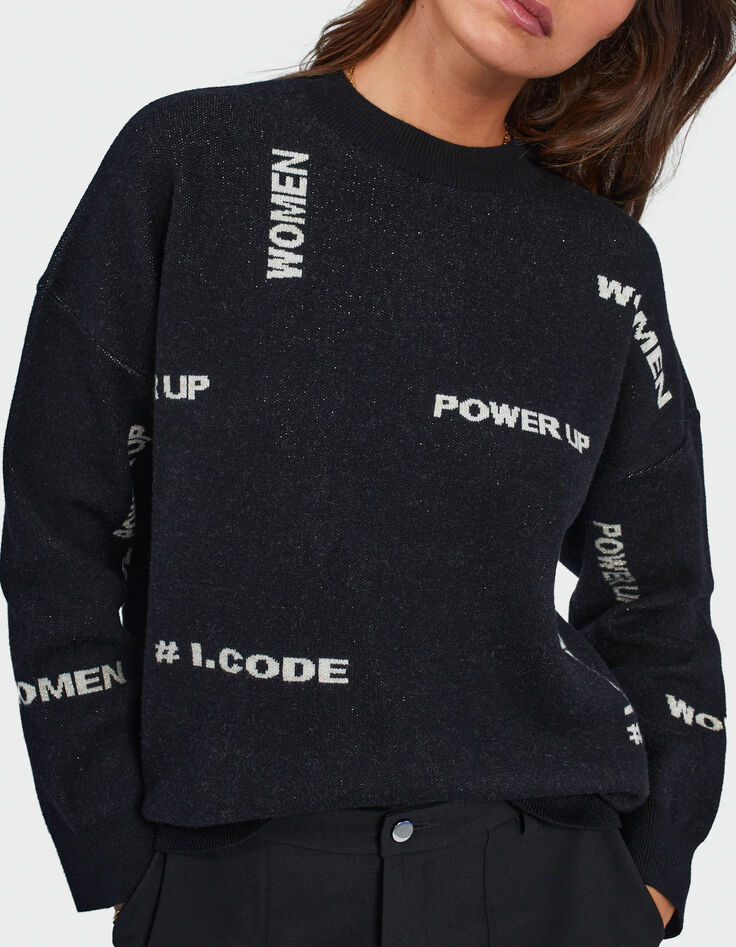 I.Code black jacquard knit slogan sweater-2