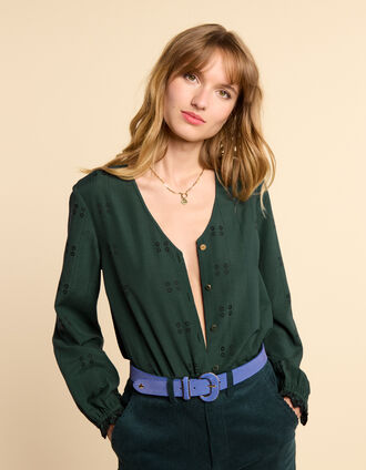 I.Code night green embroidered blouse