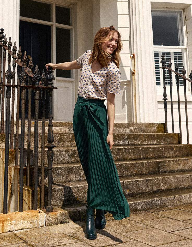 I.Code night green pleated wide-leg trousers-7