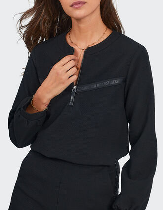 I.Code black waffle-knit blouse with letter band