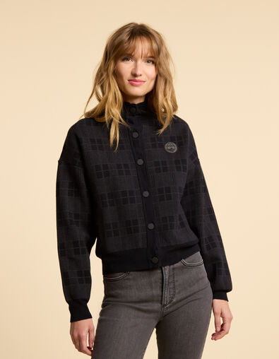 I.Code black knit cardigan with check jacquard motif - I.CODE