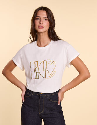 I.Code white T-shirt with gold monogram