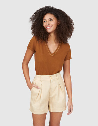 Beige short met figuurnaden in linnen I.Code 