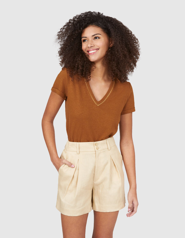 I.Code beige linen shorts with darts-2