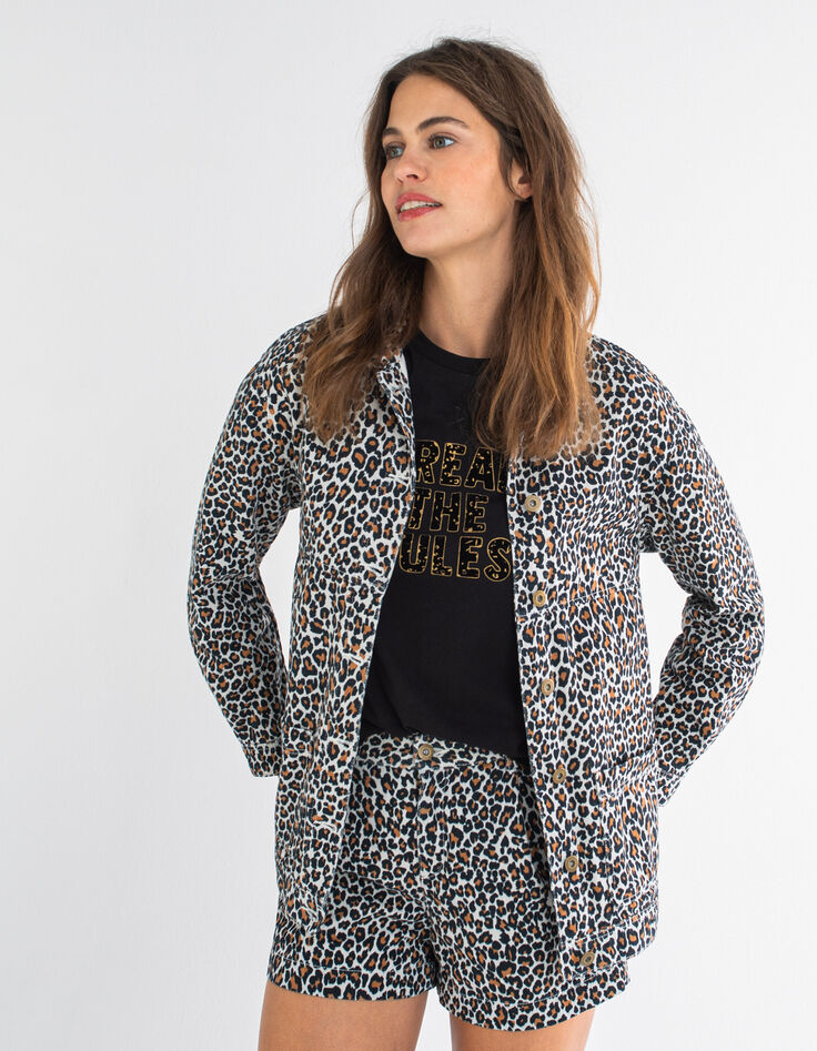 Veste en jean à imprimé léopard fauve I.Code-1
