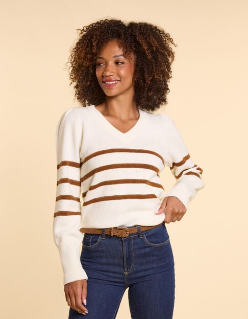 I.Code ecru knit sweater with camel stripes - I.CODE