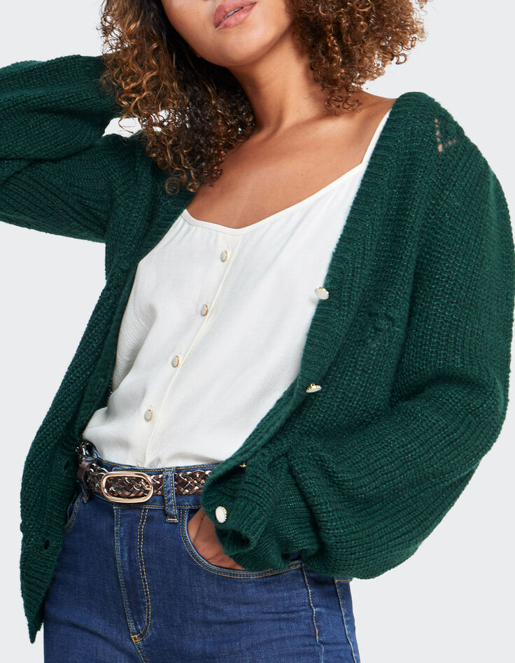 I.Code imperial green knit cardigan with decorative stitch-3