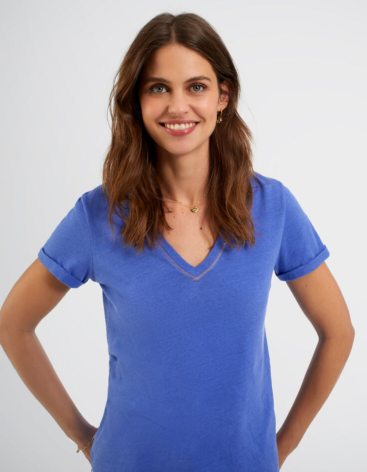 Tee-shirt cobalt à col V couture dorée I.Code-5