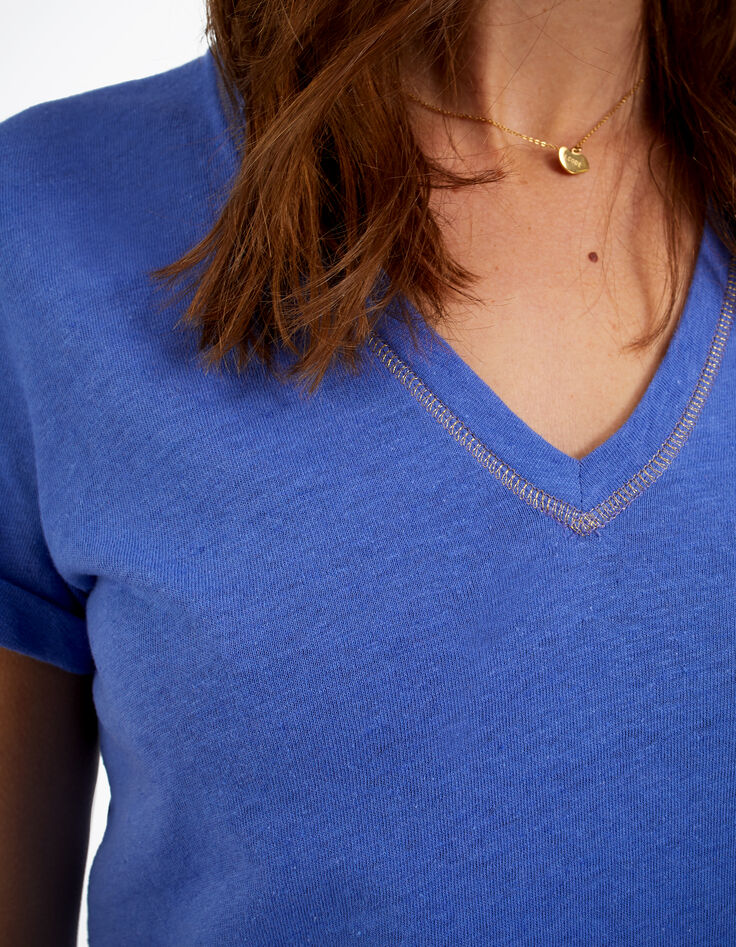 Tee-shirt cobalt à col V couture dorée I.Code-4