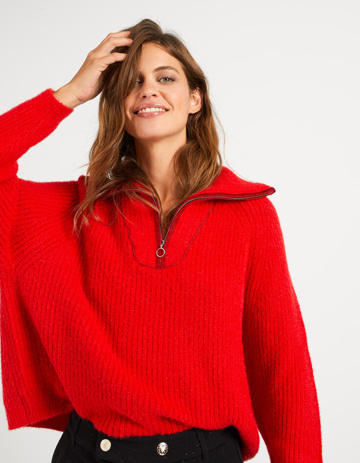 I.Code candy red knit sweater with silver zip neck-1