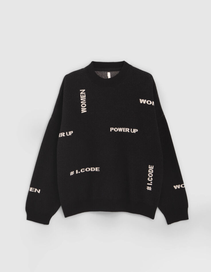 I.Code black jacquard knit slogan sweater-6