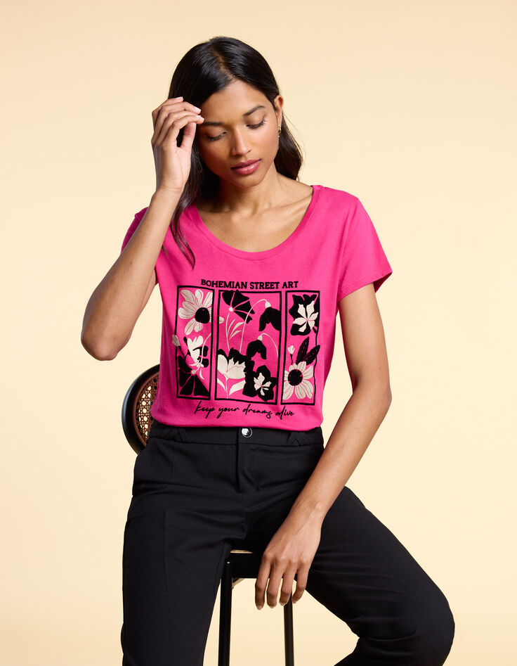 Magentarotes T-Shirt mit Blumen I.Code-1