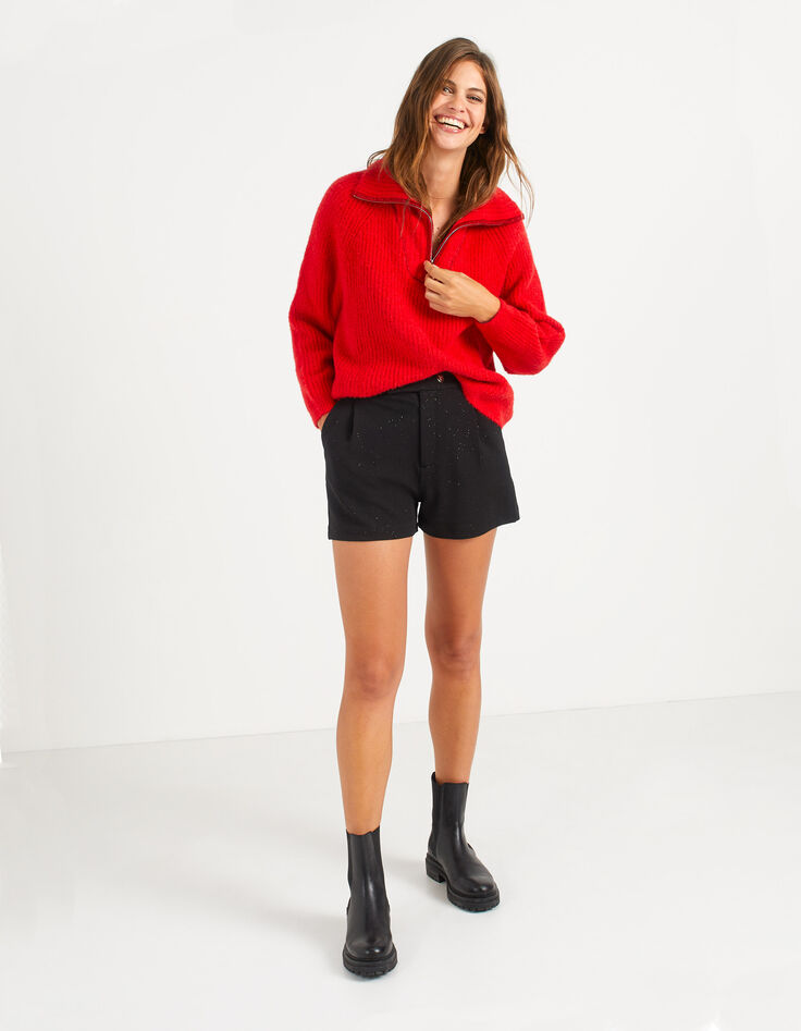 I.Code candy red knit sweater with silver zip neck-5