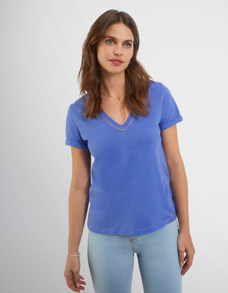 I.Code cobalt V-neck T-shirt with gold seam-2