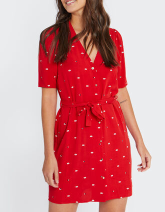 I.Code winter crimson heart-kiss print dress