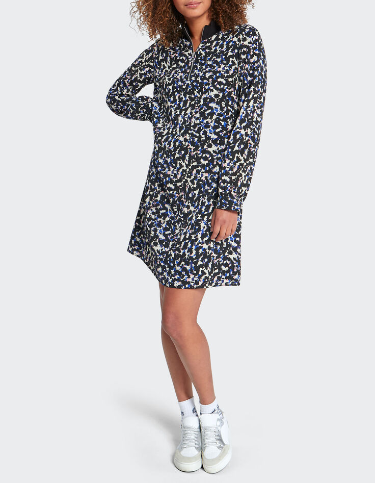 I.Code black tachist print zip-neck dress-1