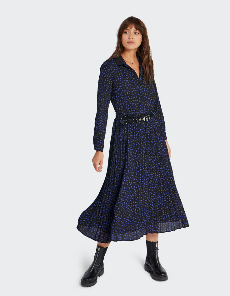 Robe longue noire plissée imprimé pois revisités I.Code-5