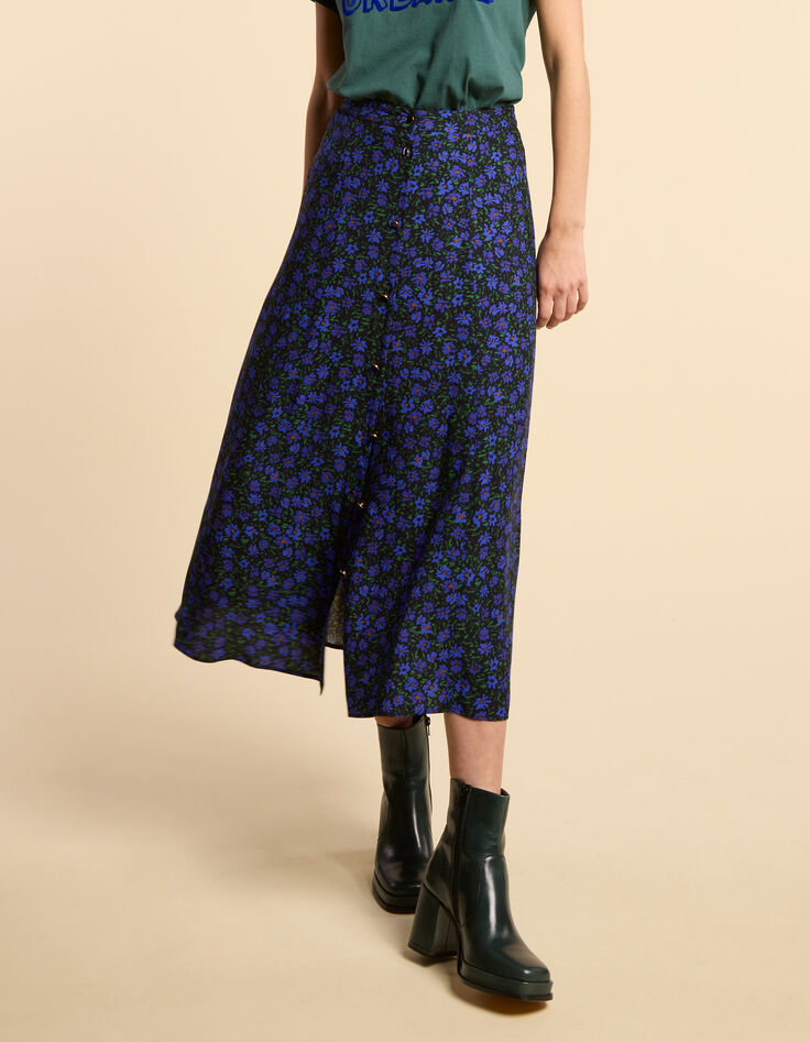 Zwarte midirok winterbloemenprint I.Code-2