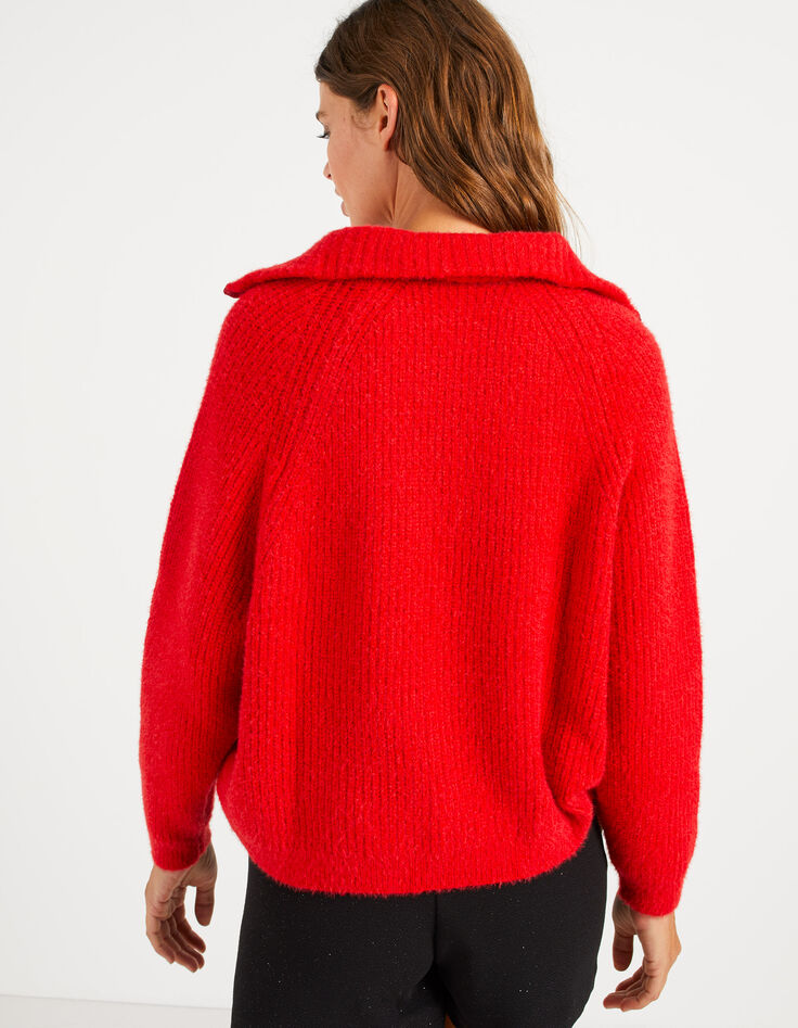 I.Code candy red knit sweater with silver zip neck-3