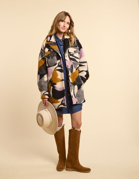 I.Code black coat with arty camouflage jacquard motif - I.CODE