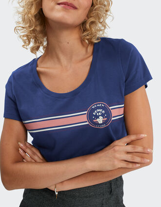 Saphirblaues T-Shirt mit Schriftzug und Streifen I.Code 